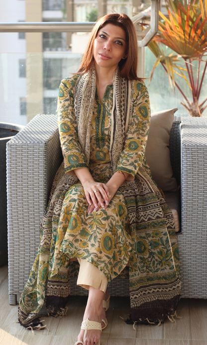 Kota Doria Beige & Yellow Kalamkari Handblock Print Kurta and Dupatta with Cotton Pants