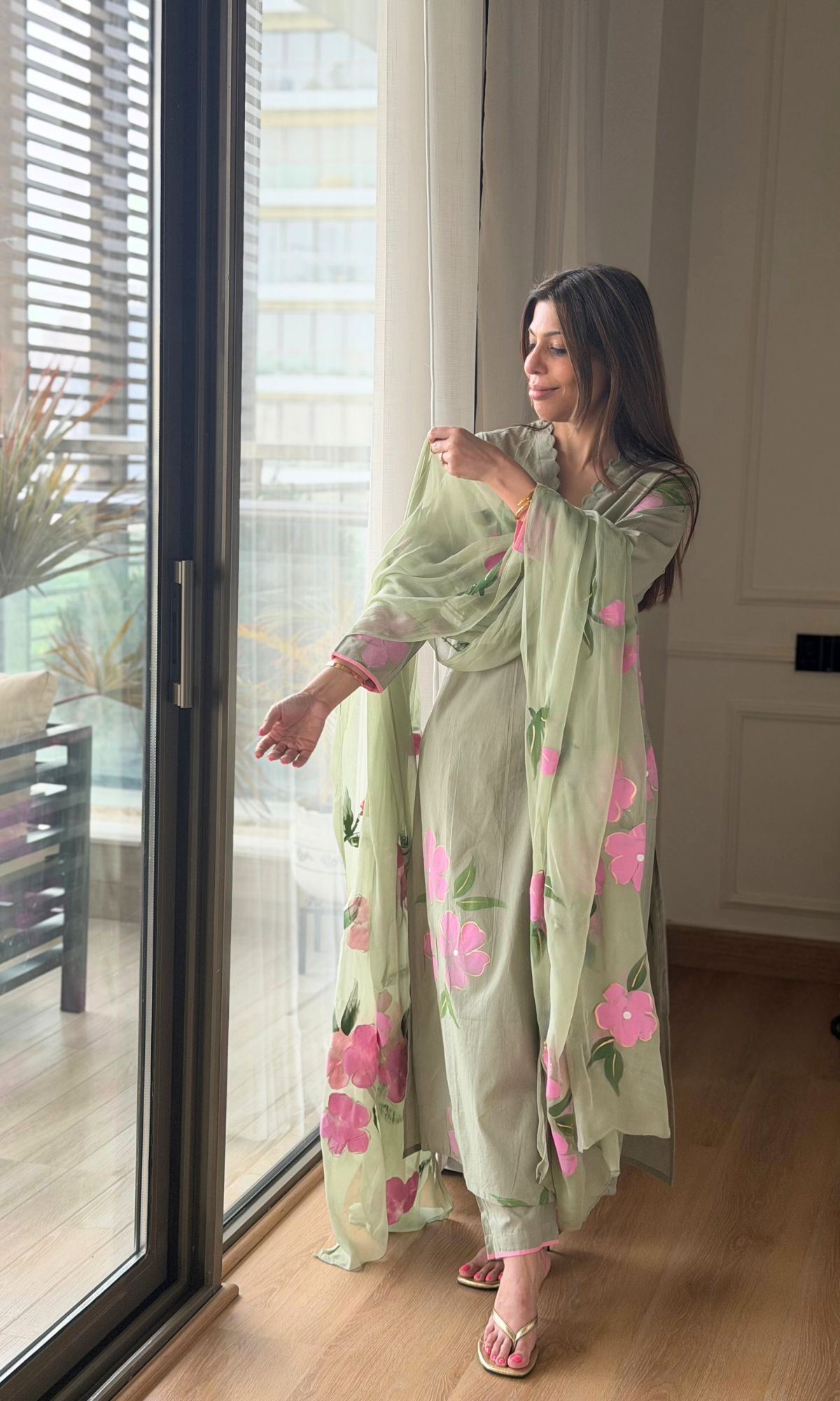 Sage & Pink Cotton Handpainted Kurta, Pant & Chiffon Handpainted Dupatta