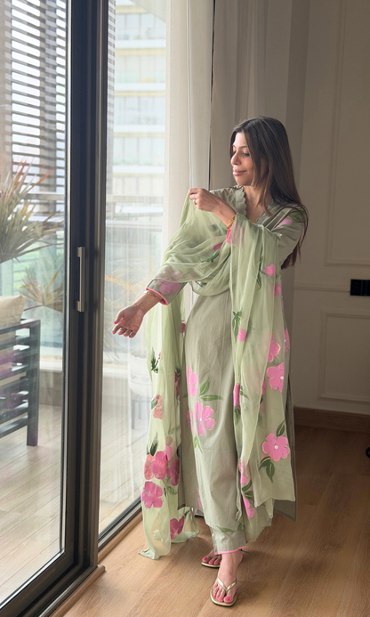 Sage & Pink Cotton Handpainted Kurta, Pant & Chiffon Handpainted Dupatta
