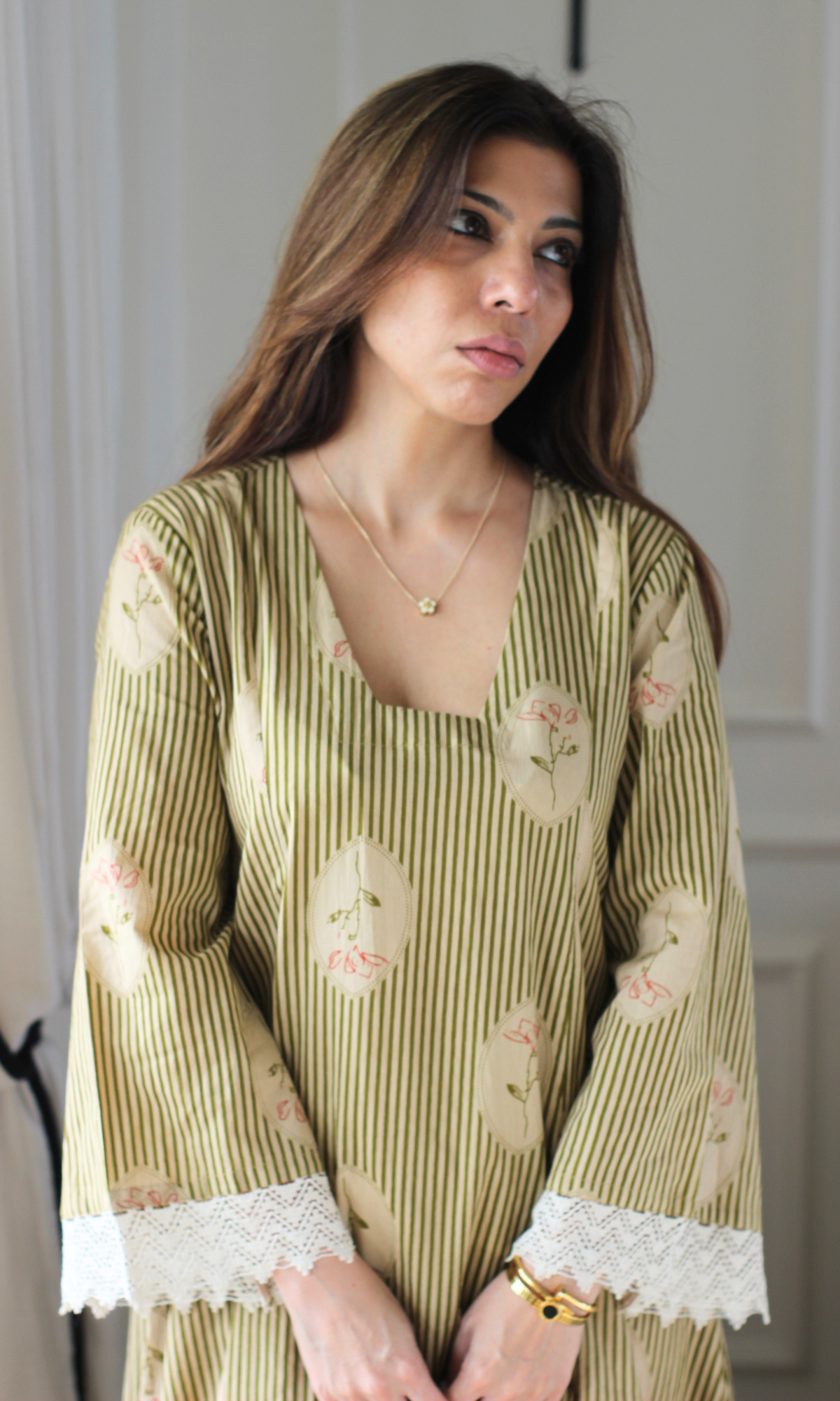Sage Striped Floral Kali Style Kurta with Cotton Pants