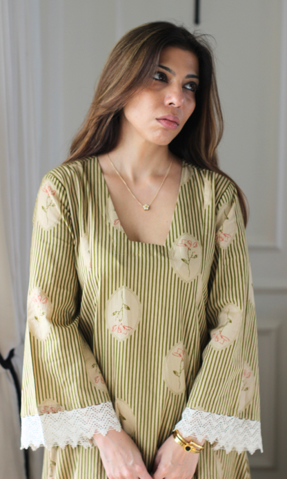 Sage Striped Floral Kali Style Kurta with Cotton Pants