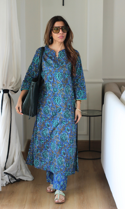 Noor Blue Block Printed Kurta & Cotton Pants