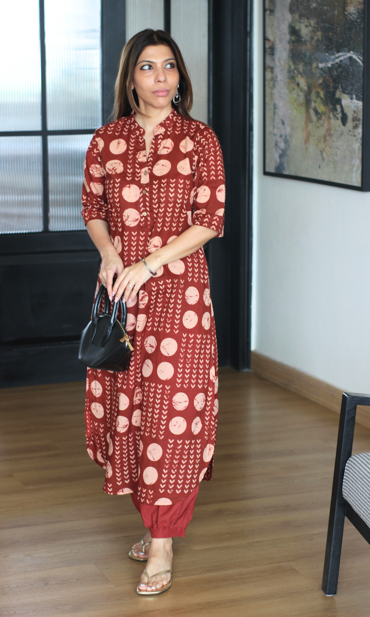 Earthy Red Dabu Print Kurta with Pleated Pants