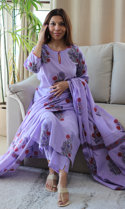Lavender & Red Handblock Mughal Print Cotton Kurta, Dupatta & Cotton Pants