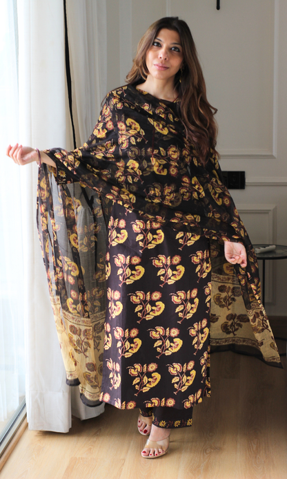 Mumtaaz Brown Block Print Kurta, Cotton Pant & Kota Doria Block Printed Dupatta