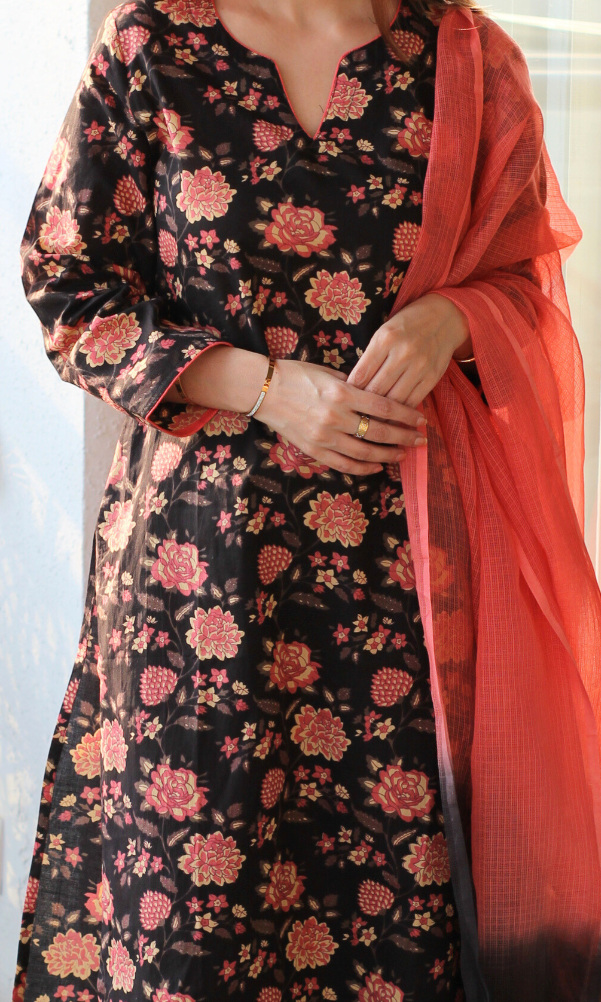Dark Sunset Block Printed Cotton Kurta, Pant & Ombré Kota Doria Dupatta