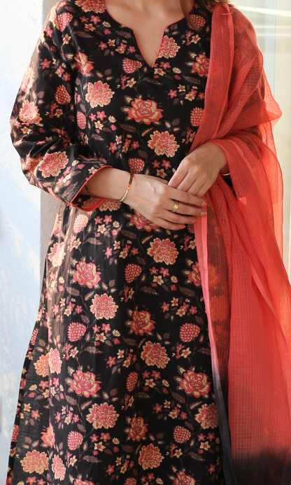 Dark Sunset Block Printed Cotton Kurta, Pant & Ombré Kota Doria Dupatta