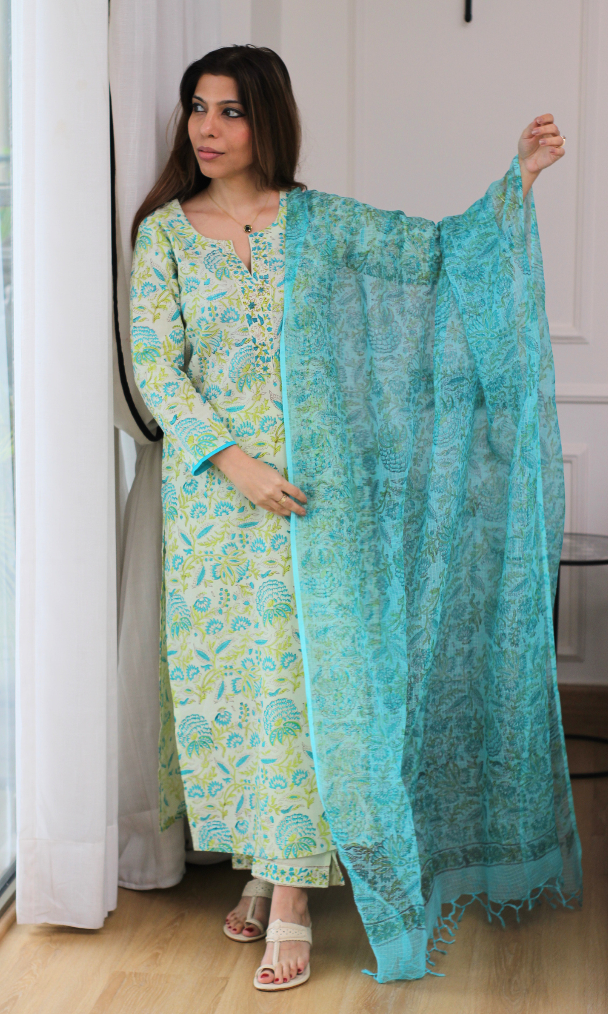 Alia Green Floral Block Print Kurta, Pant & Kota Doria Printed Dupatta