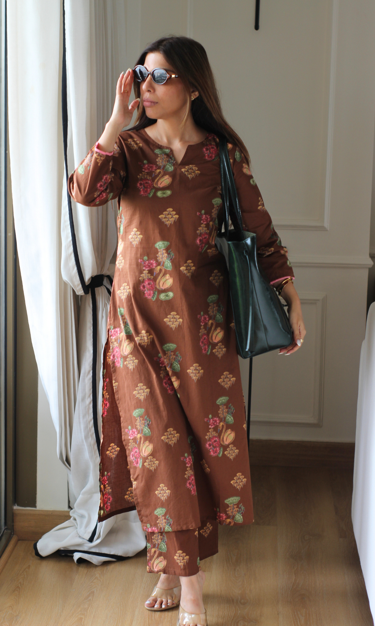 Brown floral Mughal Print Kurta and Pants