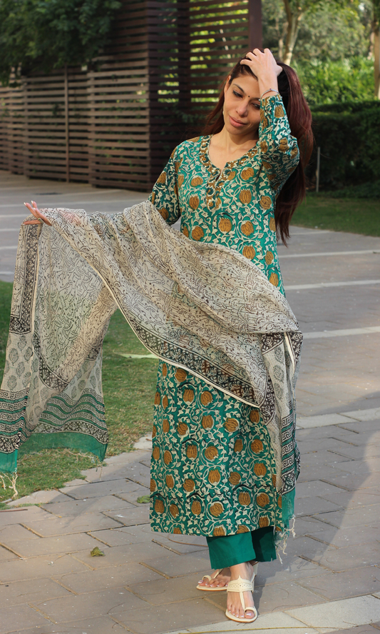 Cotton Green Handblock Kalamkari Print Suit with Kota Doria Dupatta