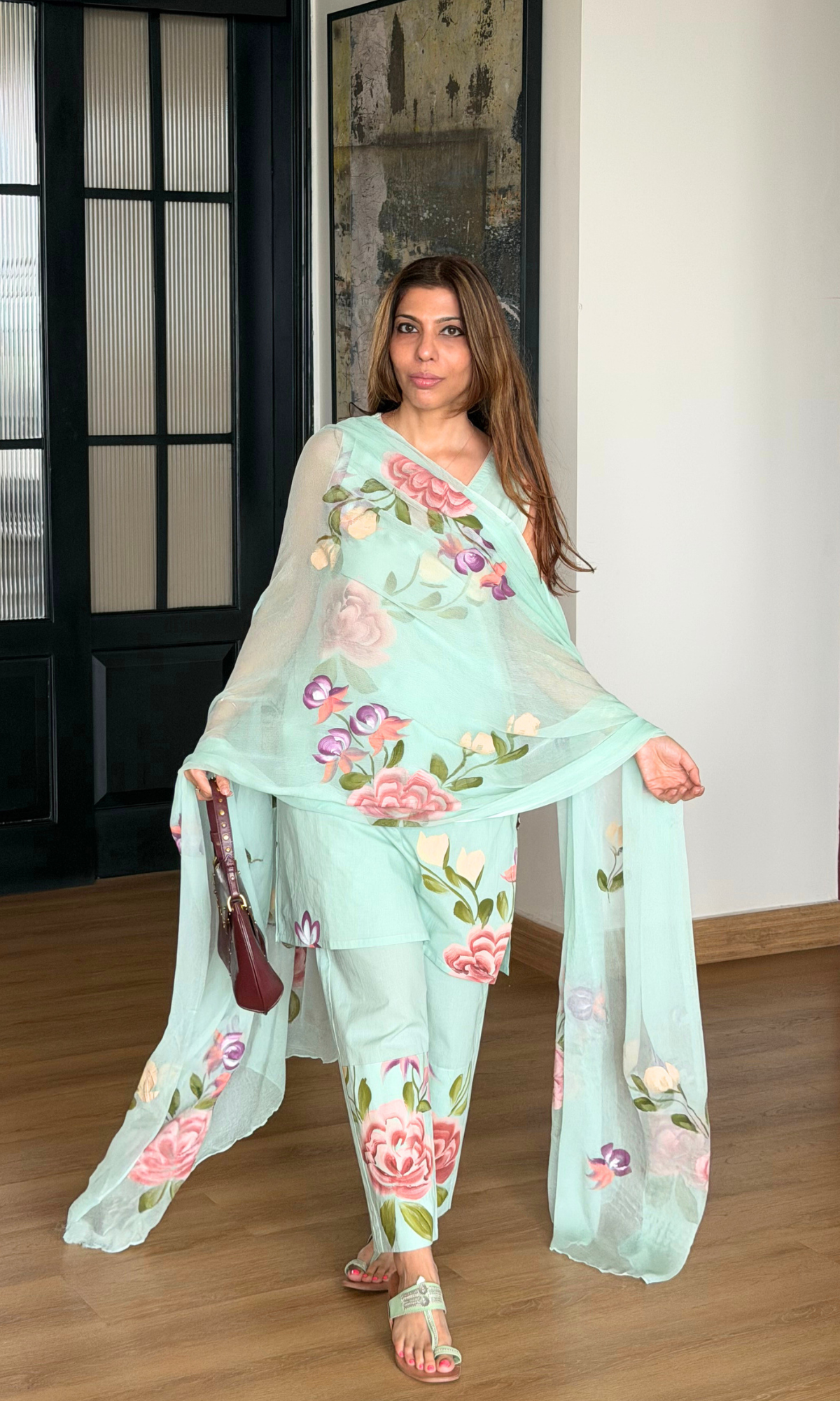 Mint Blossom Cotton Handpainted Sleeveless Kurta, Pants & Chiffon Handbrush Painted Dupatta