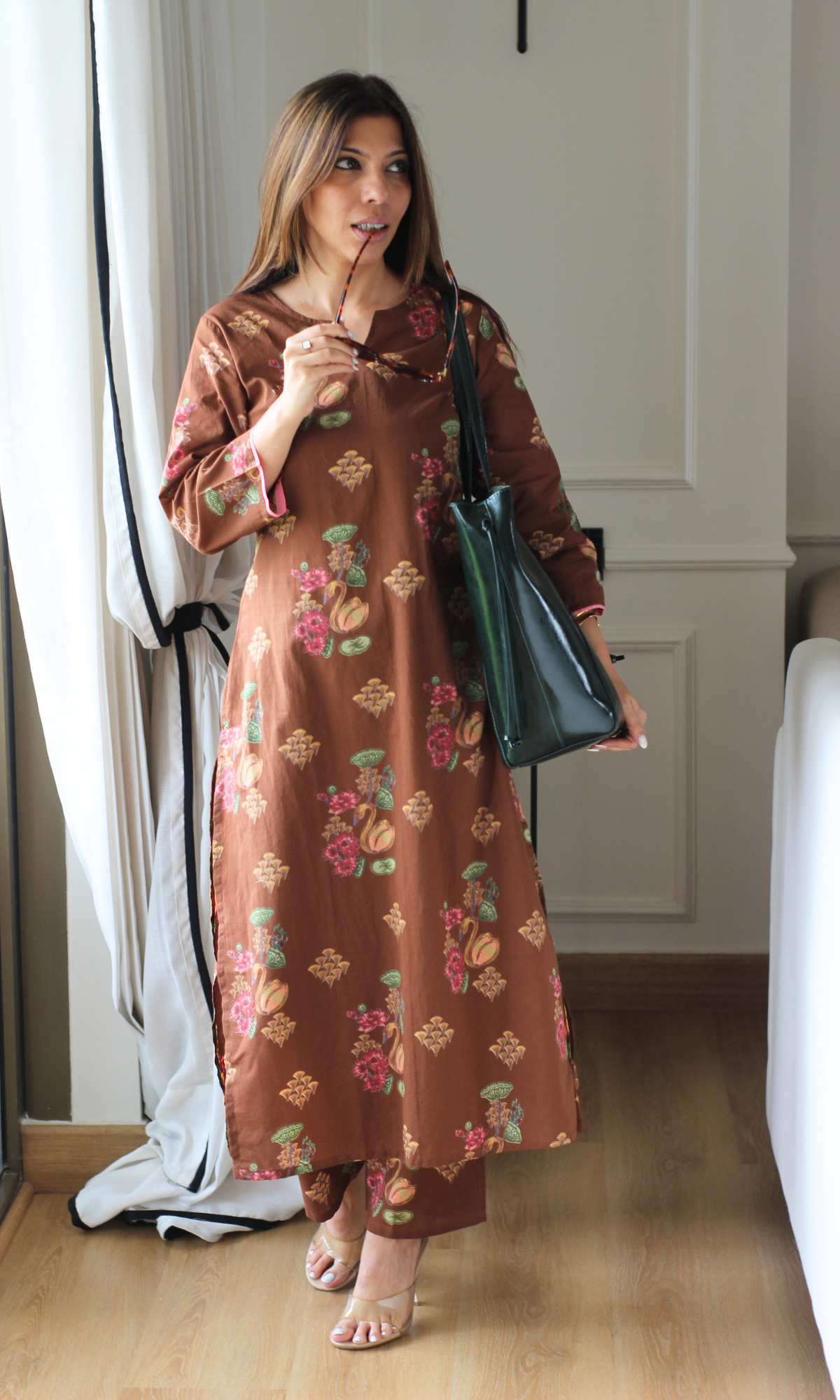 Brown floral Mughal Print Kurta and Pants