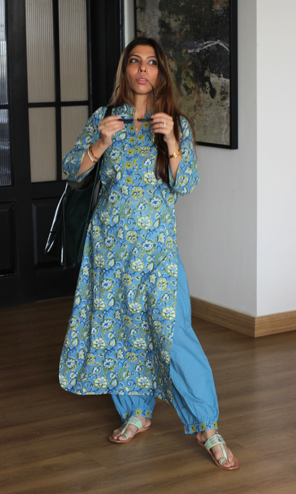 Sky Blue Cotton Floral Block Print Kurta & Pleated Pants