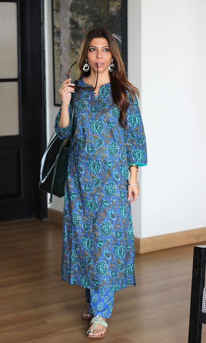 Noor Blue Block Printed Kurta & Cotton Pants