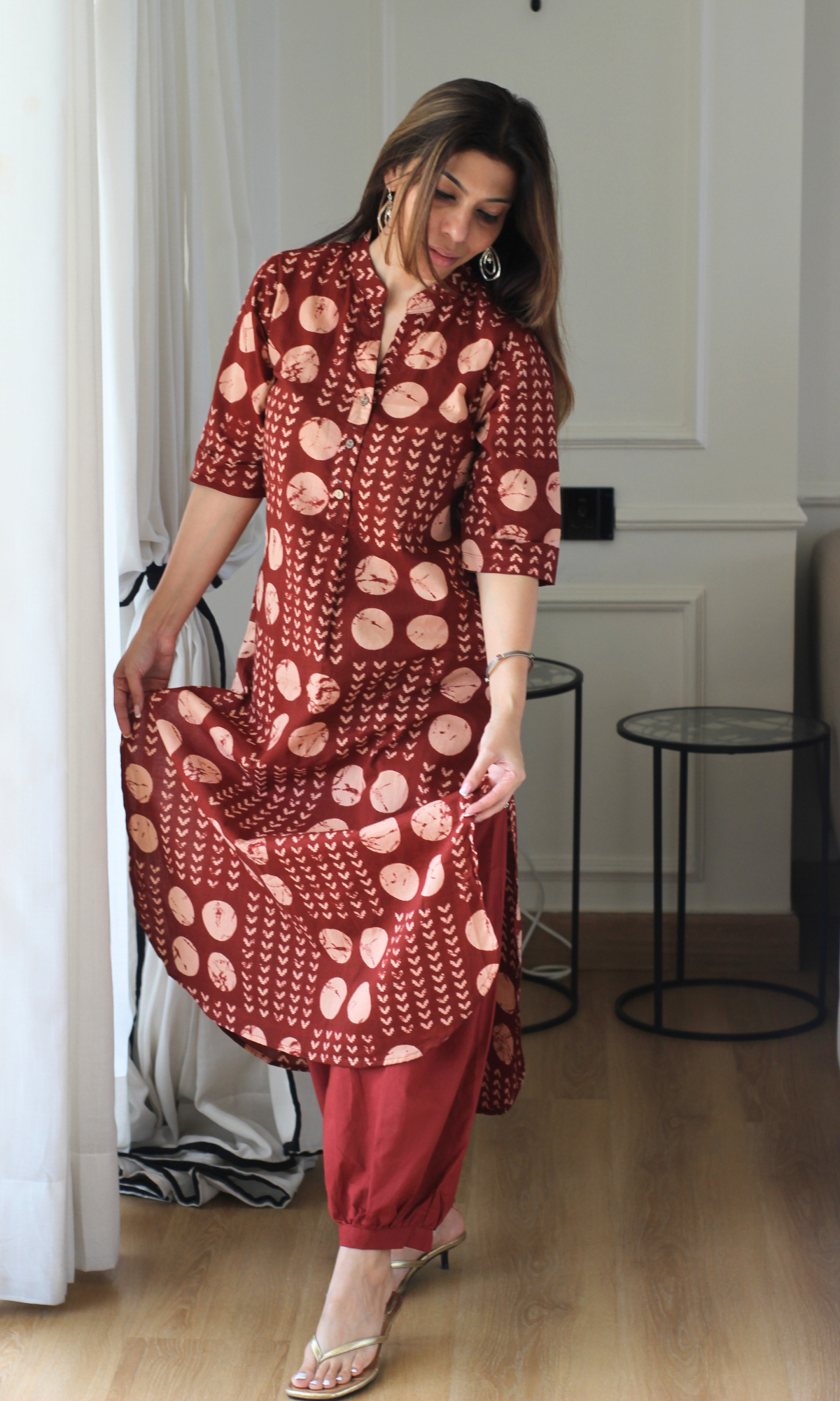Earthy Red Dabu Print Kurta with Pleated Pants