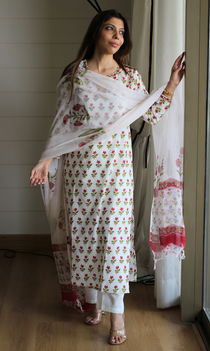 Cotton White & Red Flower Boota Print Kurta, Pants & Kota Doria Handblock Mughal Dupatta