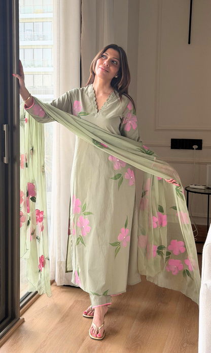 Sage & Pink Cotton Handpainted Kurta, Pant & Chiffon Handpainted Dupatta