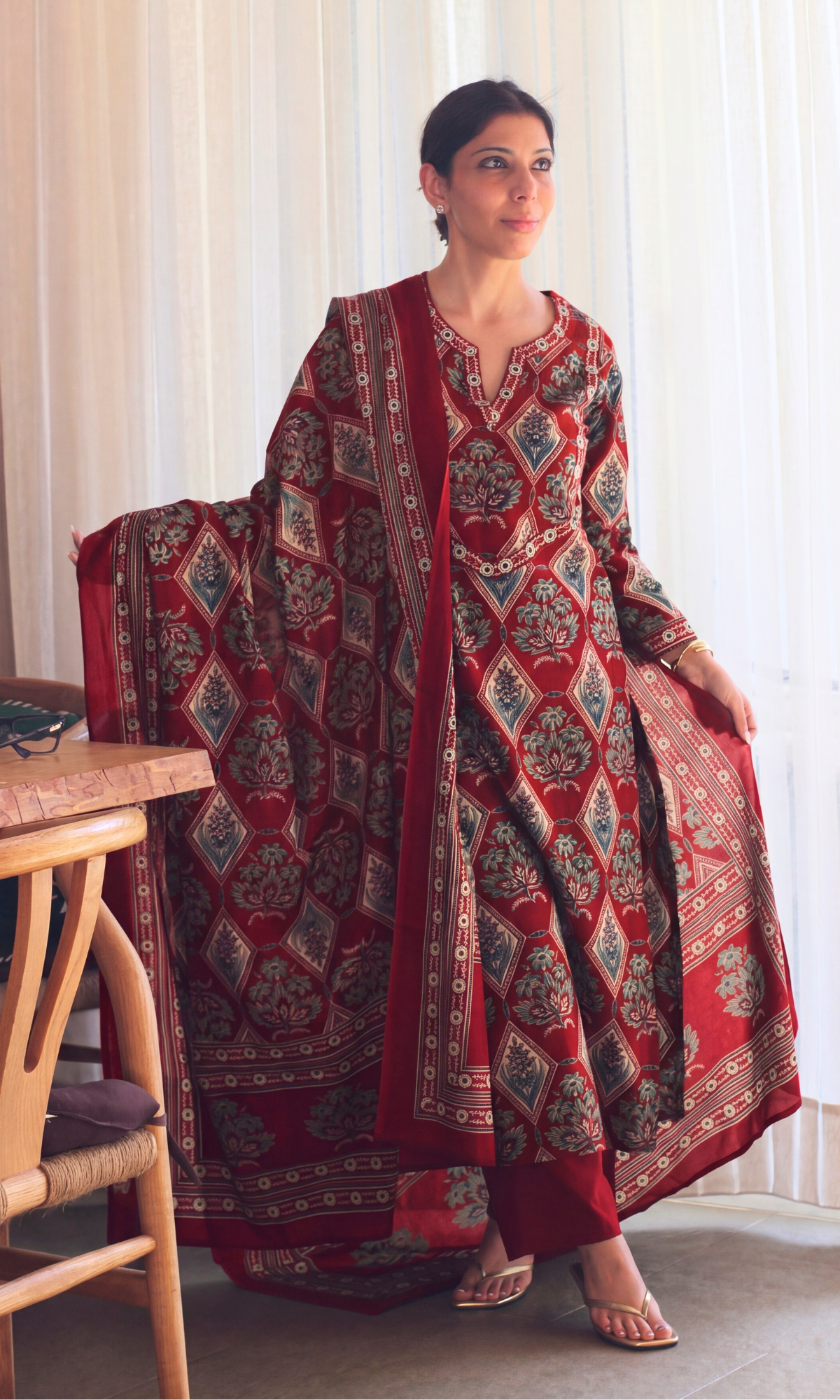 Red & Blue Leaf Block Print Kurta, Dupatta & Cotton Pants