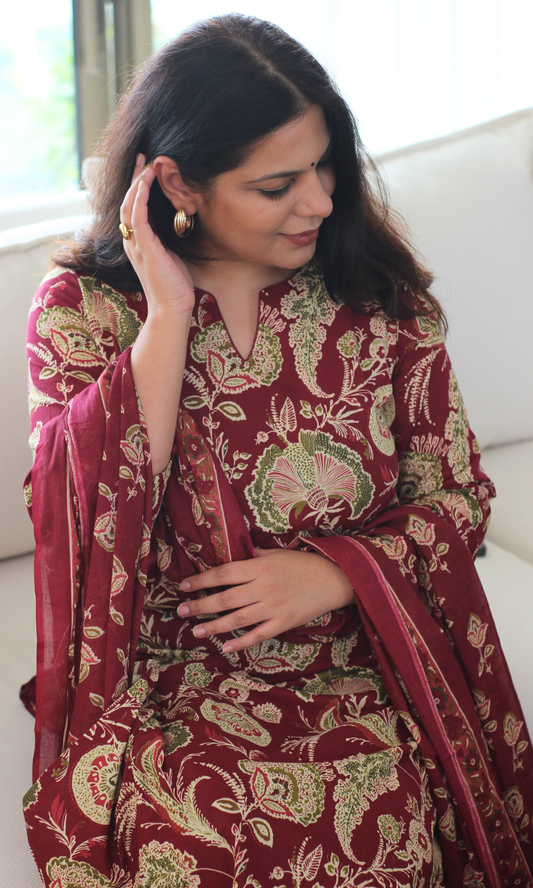 Ruhaani Ruby Block Printed Cotton Kurta, Dupatta & Afghani Style Pant
