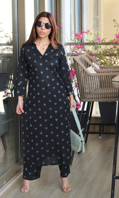 Cotton Ikat Black & Blue Triangle Collared Kurta & Pant