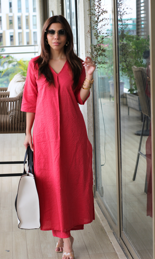 Berry Cotton Kantha Pleated Kurta & Pant