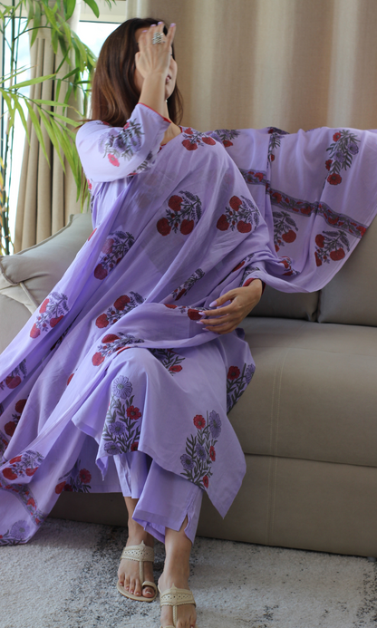 Lavender & Red Handblock Mughal Print Cotton Kurta, Dupatta & Cotton Pants