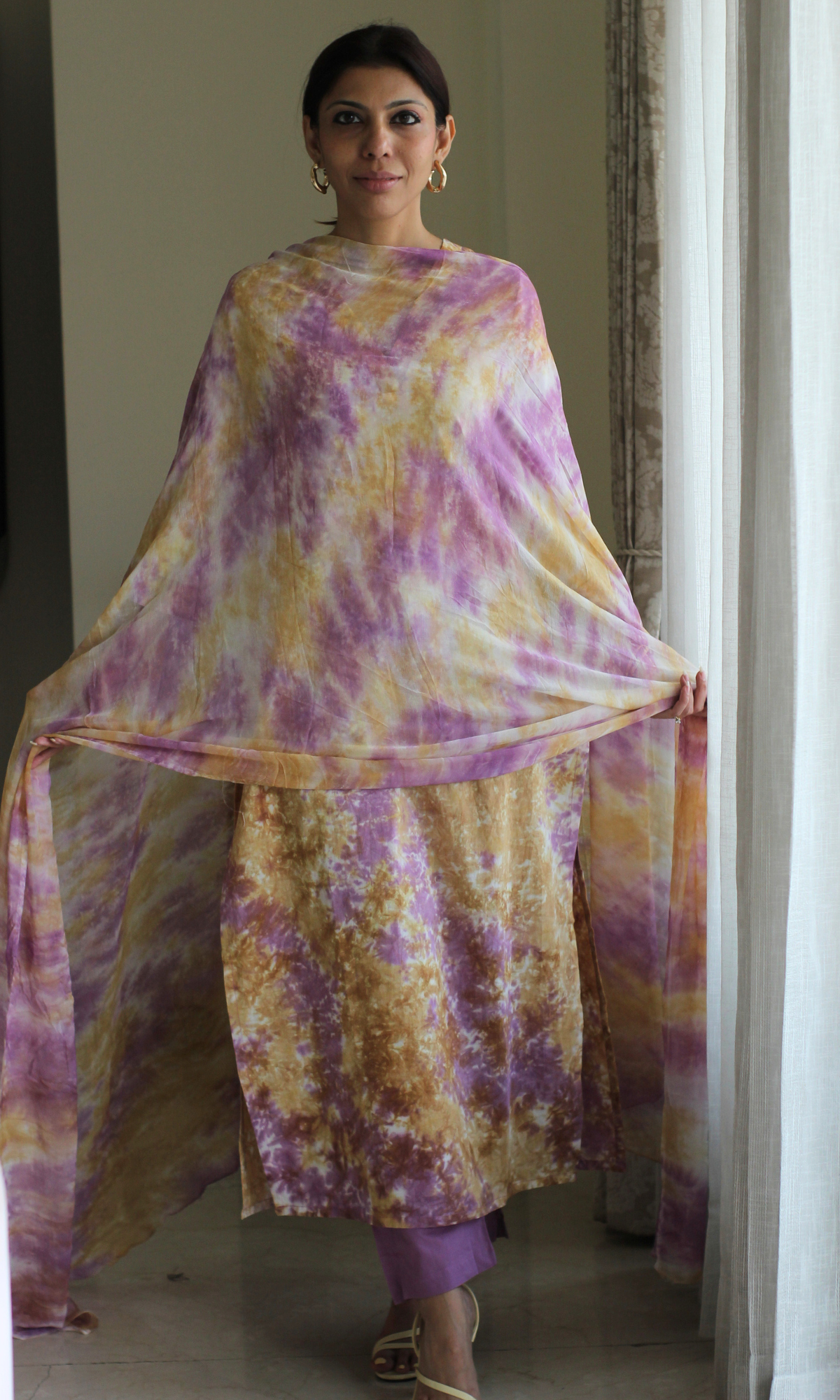 Cotton Lilac Haze African Shibori Kurta, Chiffon Dupatta & Cotton Pants