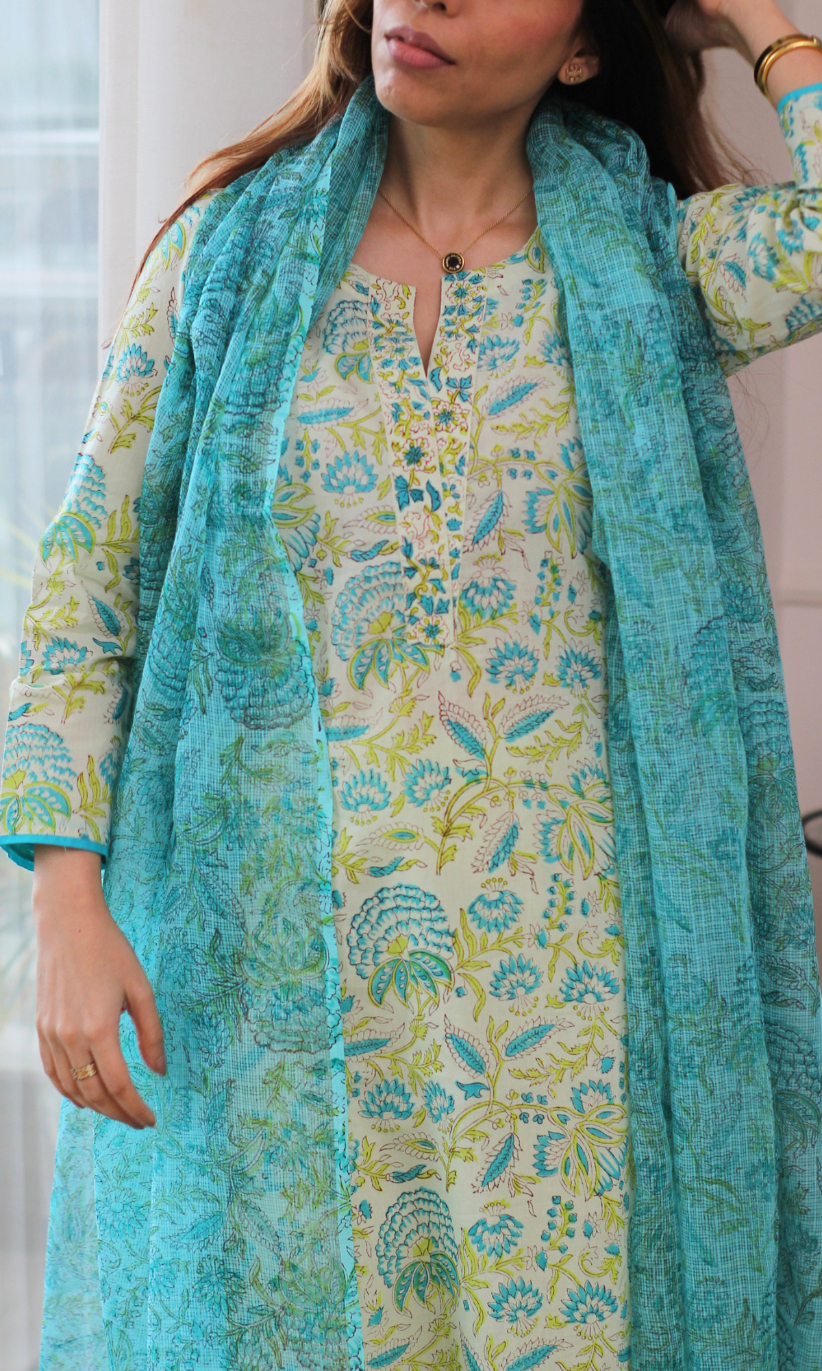 Alia Green Floral Block Print Kurta, Pant & Kota Doria Printed Dupatta