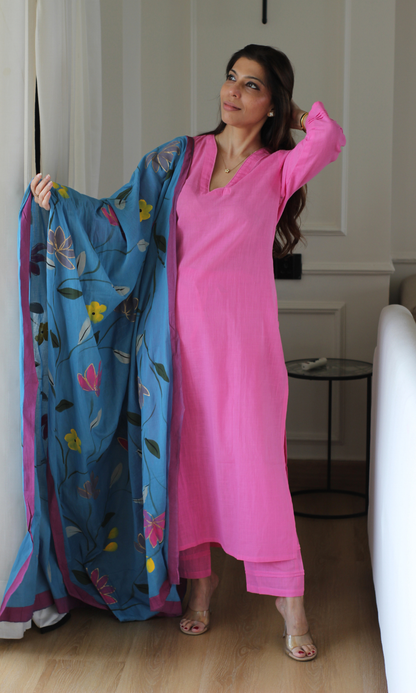 Pink Sorbet Cotton Slub Kurta, Pant with Handpainted Dupatta