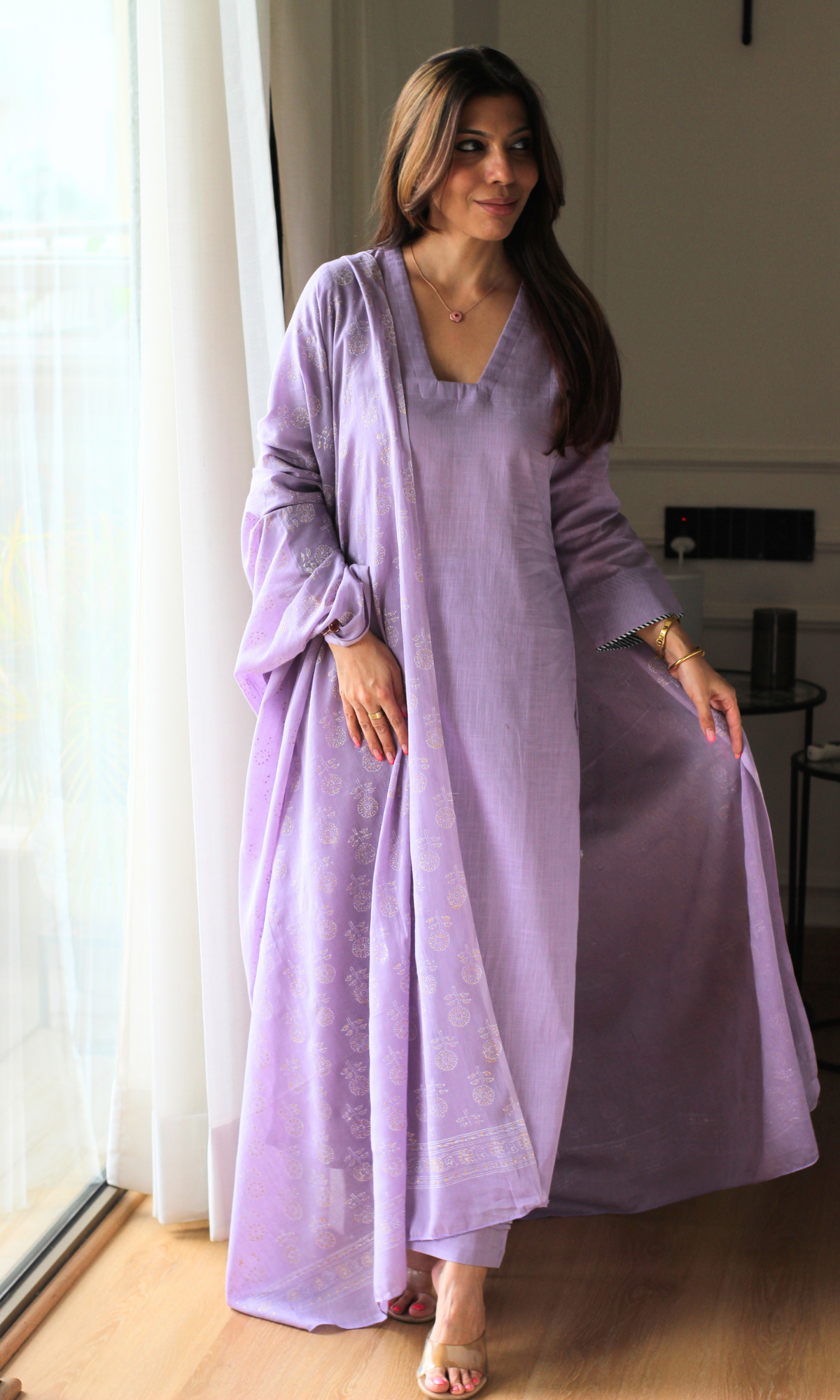 Pastel Purple Cotton Slub Kurta, Pants & Cotton Booti Print Dupatta