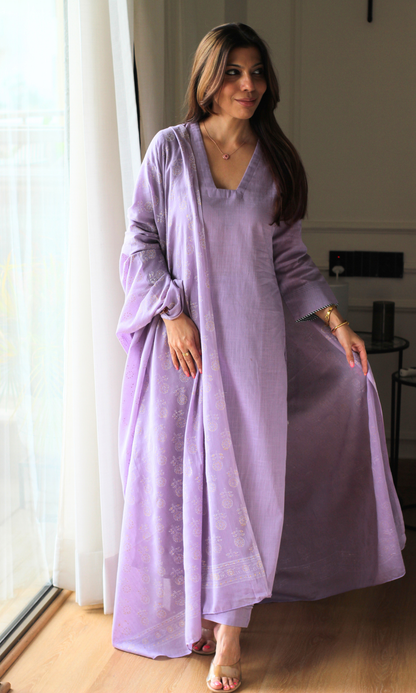 Pastel Purple Cotton Slub Kurta, Pants & Cotton Booti Print Dupatta