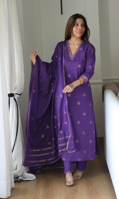 Purple & Gold Star Block print Kurta, Cotton Pants & Cotton Printed Dupatta