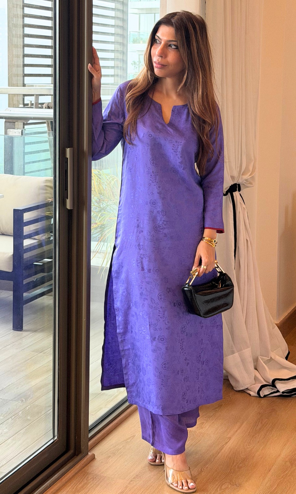 Purple Jaquard Silk Kurta with Santoon Pants