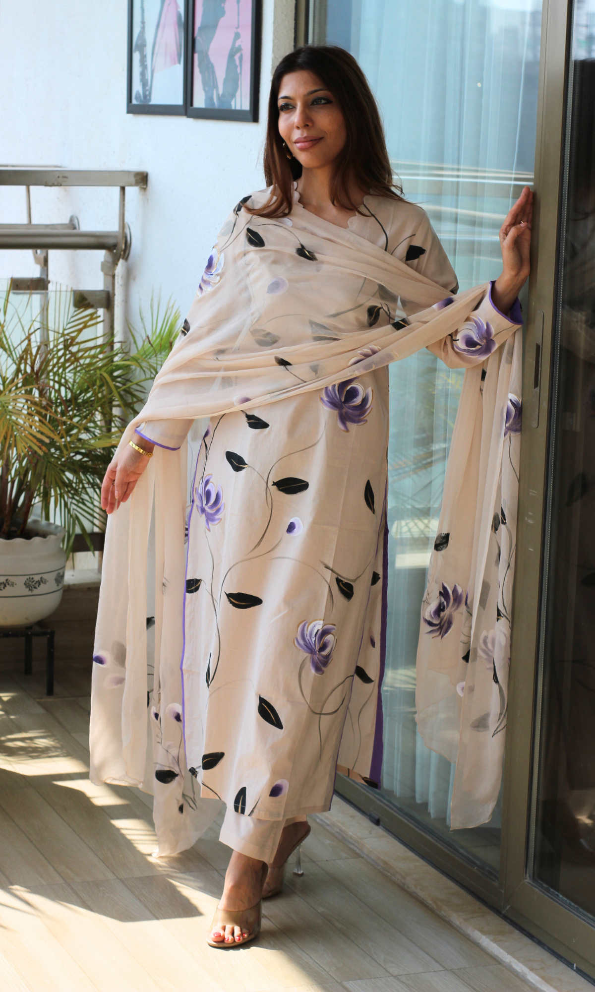 Powder Beige Purple Hand brush Painted Kurta, Chiffon Handpainted Dupatta & Cotton Pants