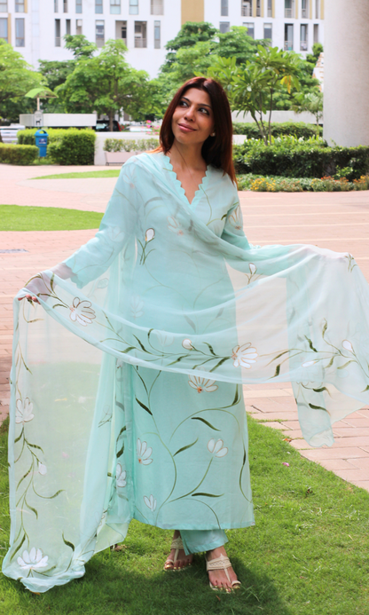 Dew Mint Handbrush Painted Kurta, Pant & Chiffon Handpainted Dupatta