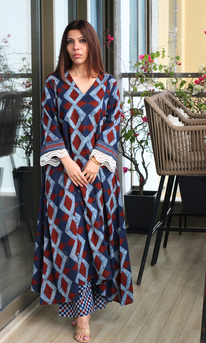 Indigo & Maroon Diamond Print High Low Kurta & Pant Co-ord