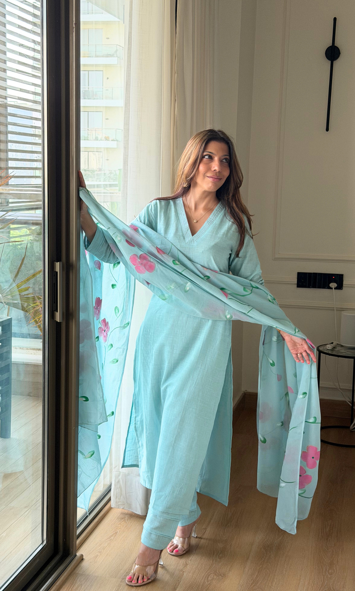 Aqua Blue Slub Cotton Kurta with Pant & Mul Handpainted Dupatta