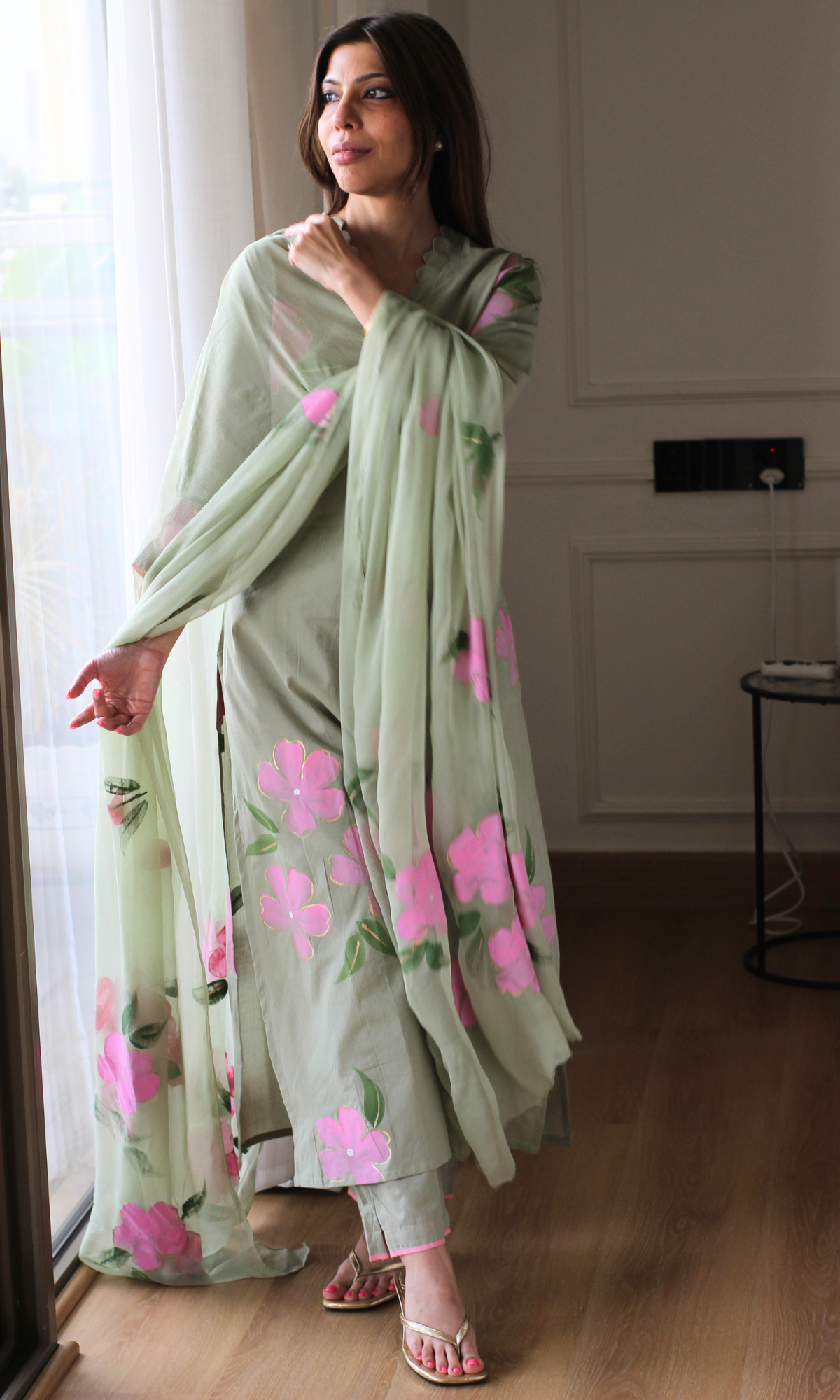 Sage & Pink Cotton Handpainted Kurta, Pant & Chiffon Handpainted Dupatta