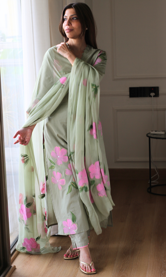 Sage & Pink Cotton Handpainted Kurta, Pant & Chiffon Handpainted Dupatta