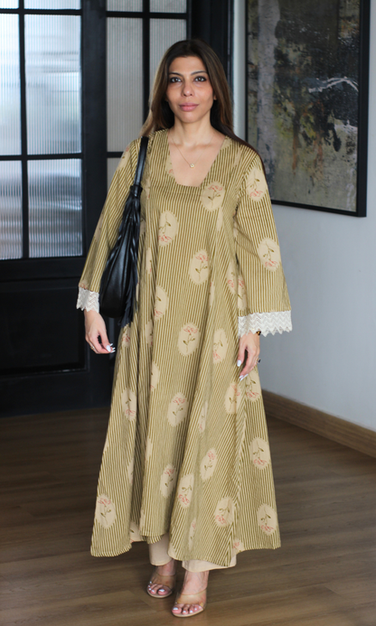 Sage Striped Floral Kali Style Kurta with Cotton Pants
