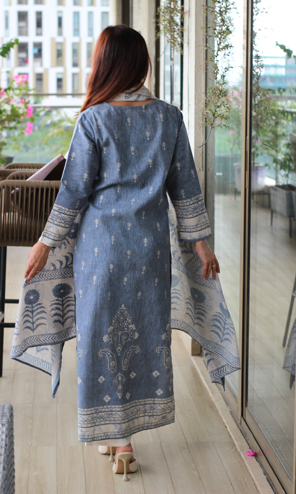 Linen Blend Ash Blue Rahat Print Kurta, Dupatta & Cotton Pants