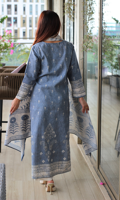 Linen Blend Ash Blue Rahat Print Kurta, Dupatta & Cotton Pants