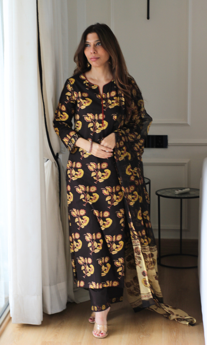 Mumtaaz Brown Block Print Kurta, Cotton Pant & Kota Doria Block Printed Dupatta