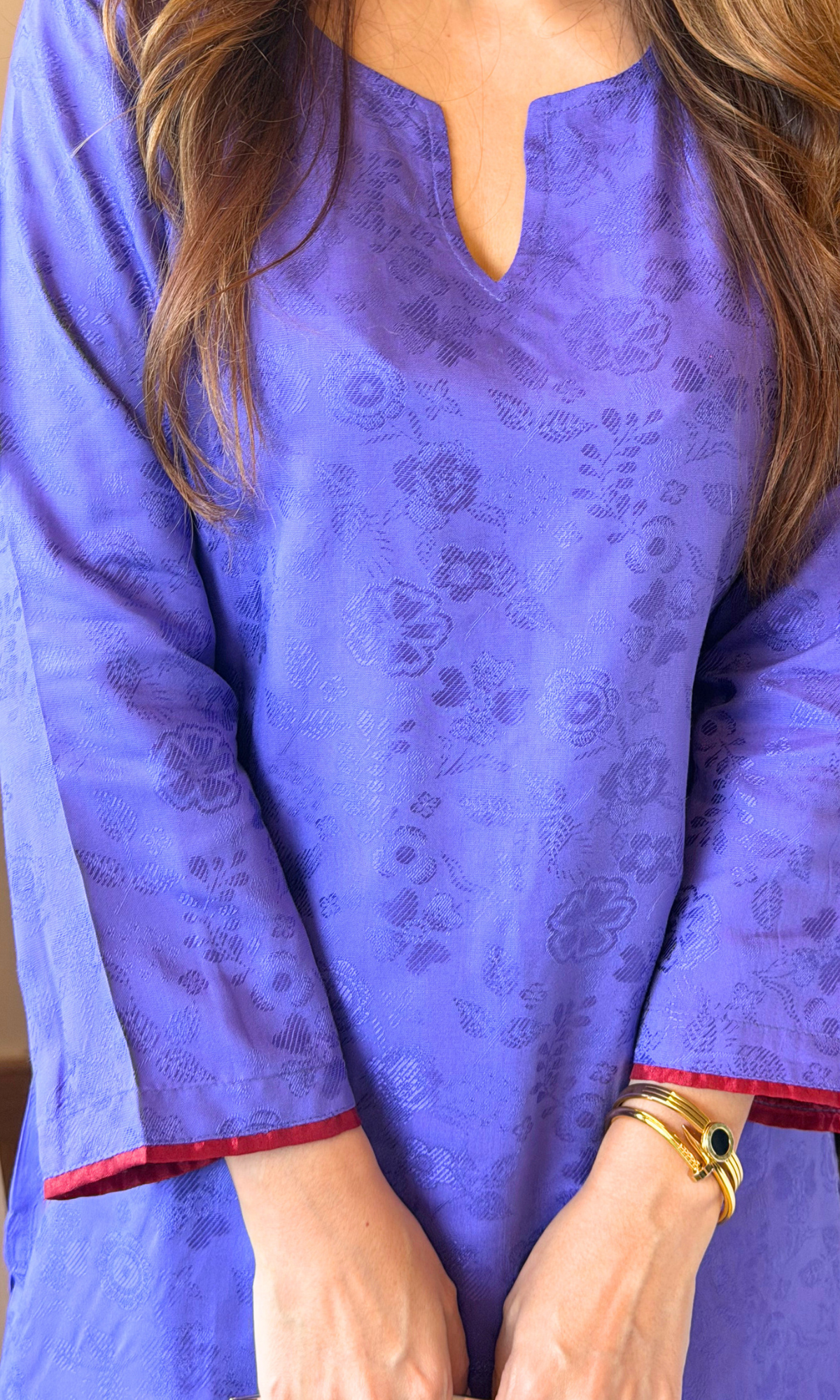 Purple Jaquard Silk Kurta with Santoon Pants