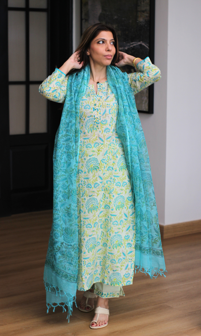 Alia Green Floral Block Print Kurta, Pant & Kota Doria Printed Dupatta