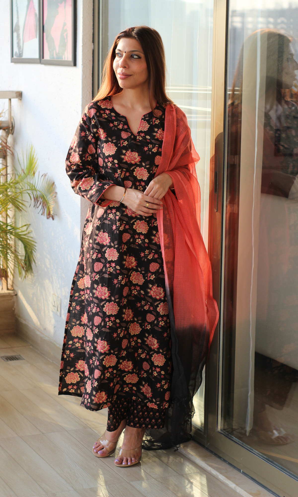 Dark Sunset Block Printed Cotton Kurta, Pant & Ombré Kota Doria Dupatta