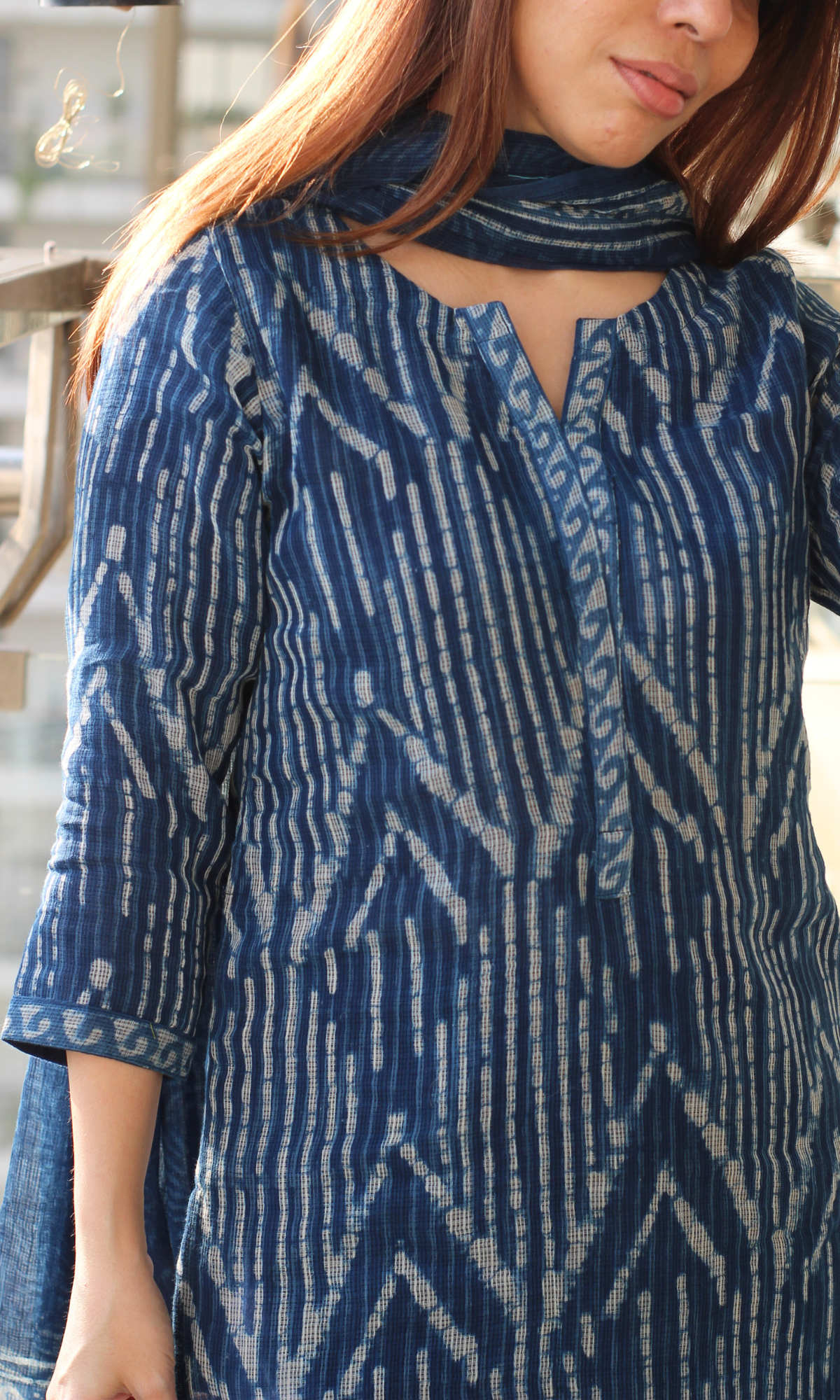 Kota Doria Indigo Geometric  Handblock Print Kurta and Dupatta with Cotton Pants