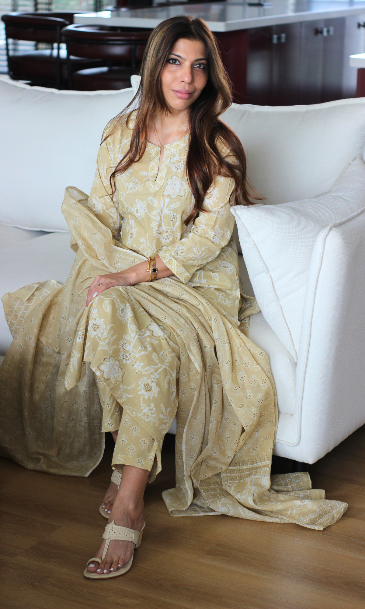Wheat Block Print Cotton Kurta, Pants & Cotton Printed Dupatta