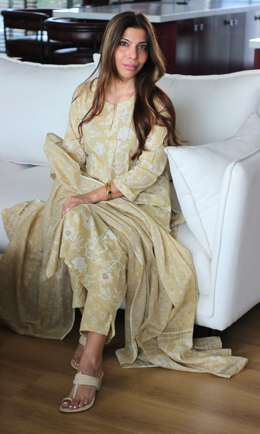 Wheat Block Print Cotton Kurta, Pants & Cotton Printed Dupatta