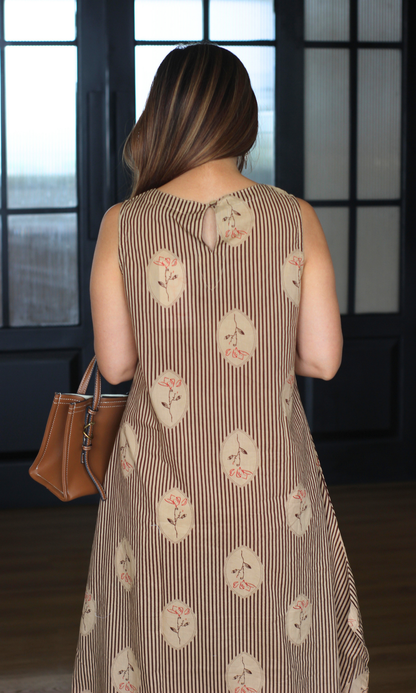 Beige & Brown Striped Sleeveless Kurta with Cotton Pants